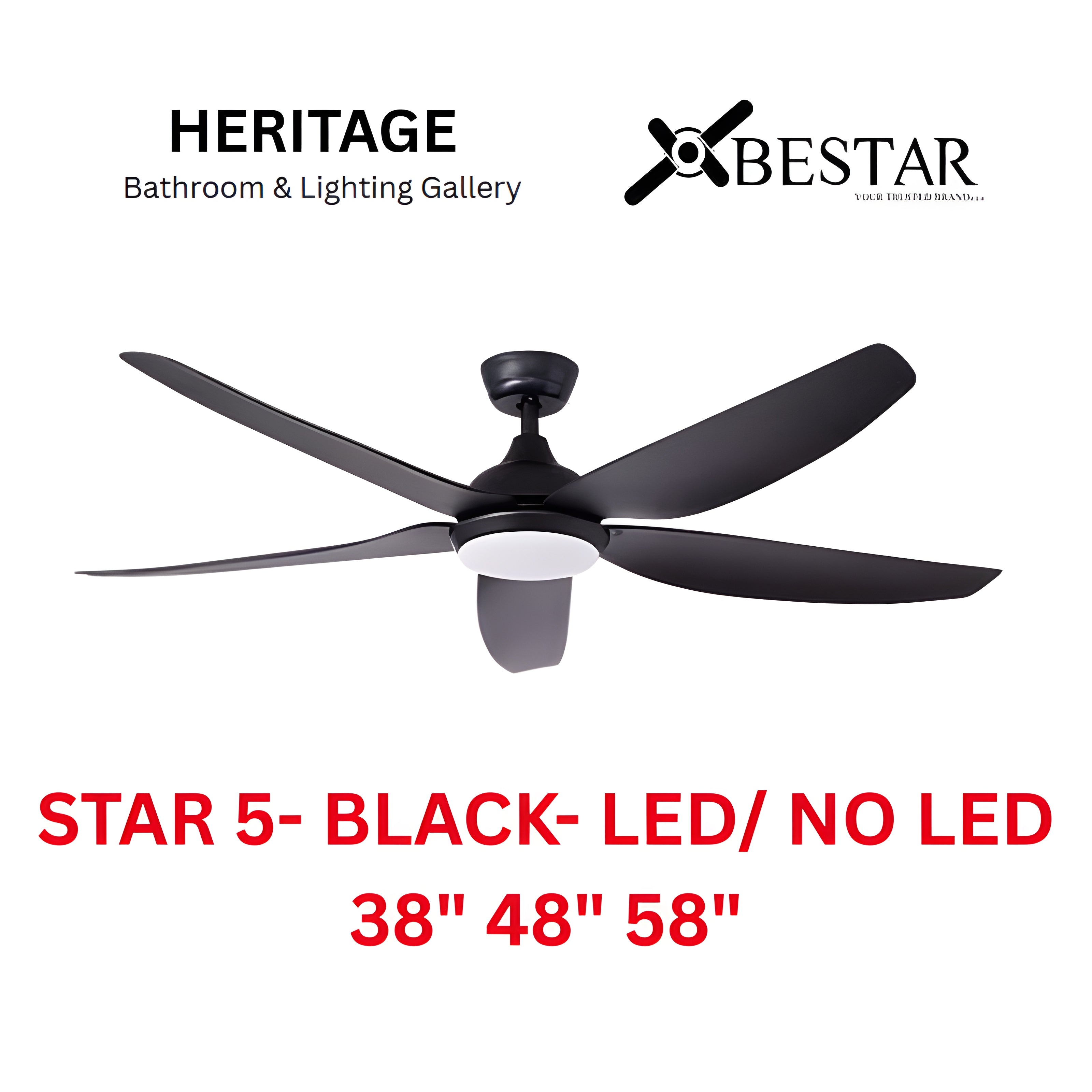 Bestar Star-5 38"/48"/58" Ceiling Fan (MATT BLACK)