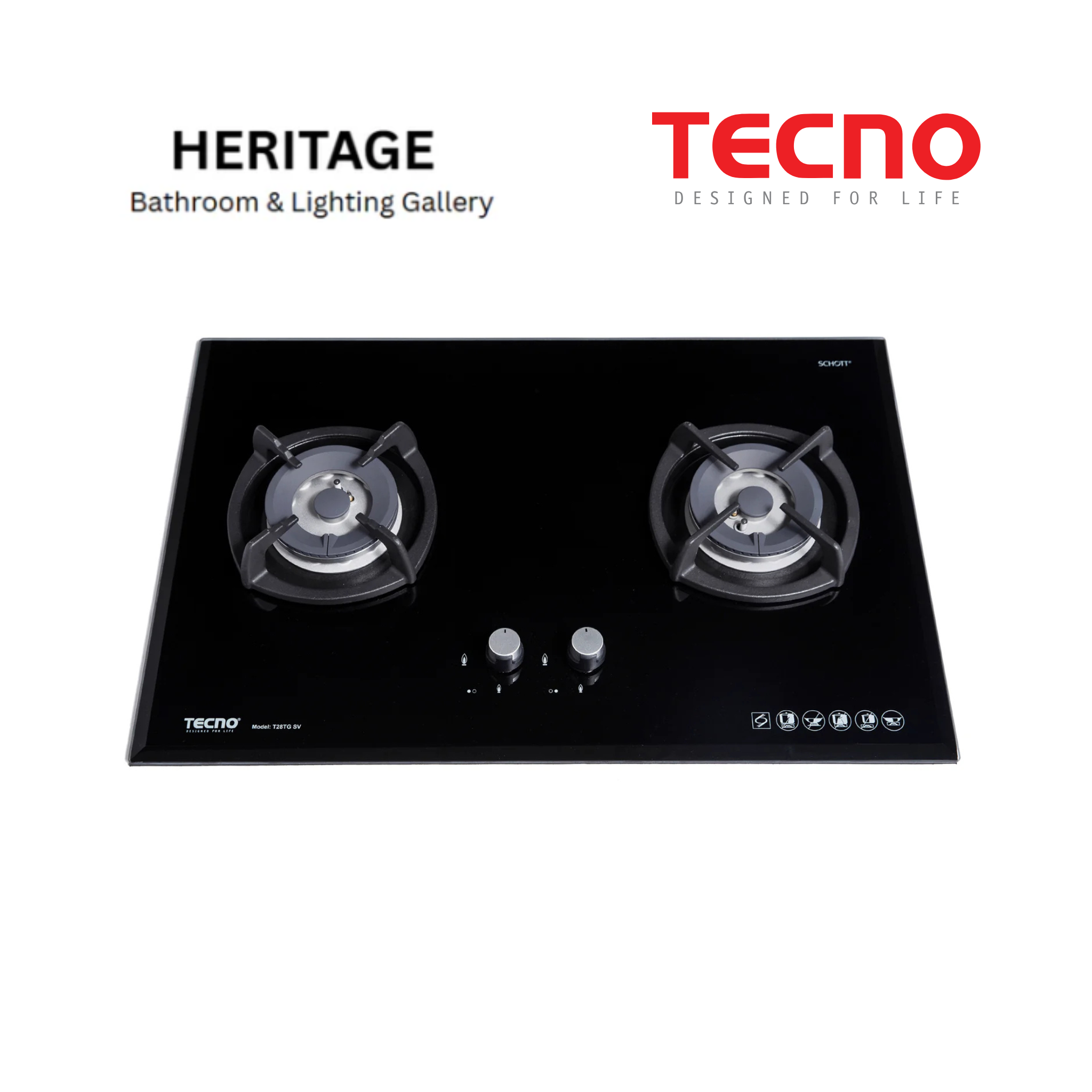 Tecno 2-Burner 88cm Glass Cooker Hob with Inferno Wok Burner Technology